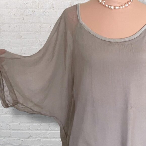 H.Trend Taupe Sheer Silk Romantic Lace-Trim Tunic Blouse - Women's M - Picture 4 of 7